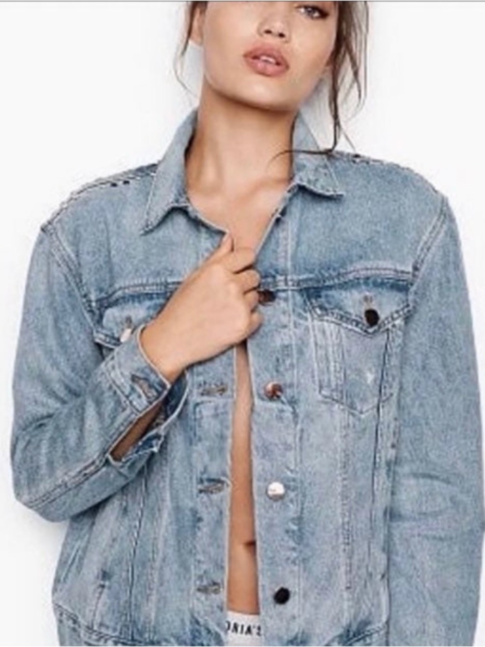 Victoria's Secret Rose Gold Studded Denim Distressed Jacket